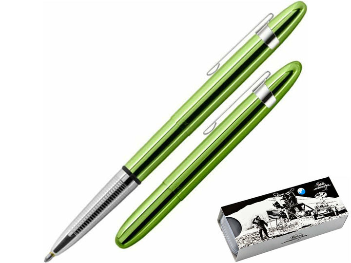Fisher Space Pen Bullet Aurora Borealis Lime Green ballpoint pen with chrome clip and Moon landing gift box packaging