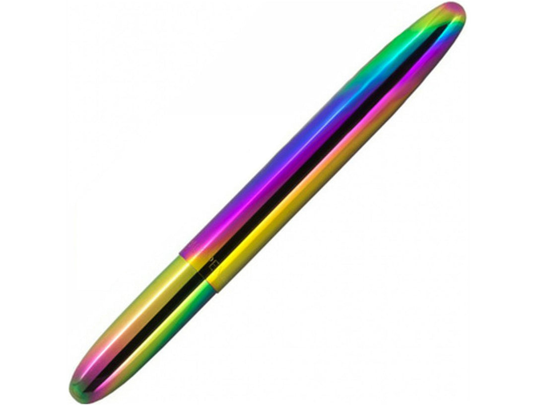 Fisher Space Pen Bullet rainbow ballpoint pen with iridescent colour shift finish showing compact closed design