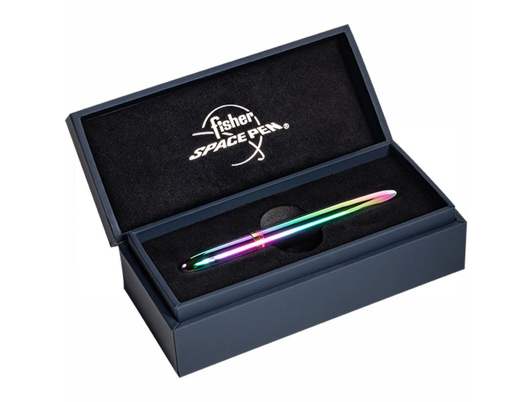 Fisher Space Pen Bullet rainbow ballpoint pen with iridescent colour shift finish in luxury gift box