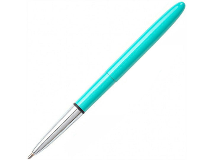 Fisher Space Pen Bullet Tahitian Blue ballpoint pen extended for writing showing chrome tip