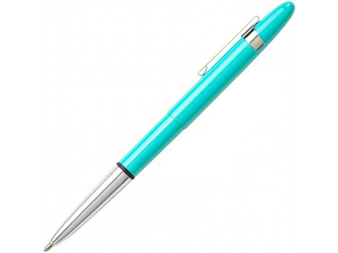 Fisher Space Pen Bullet Tahitian Blue ballpoint pen extended for writing showing chrome tip and clip