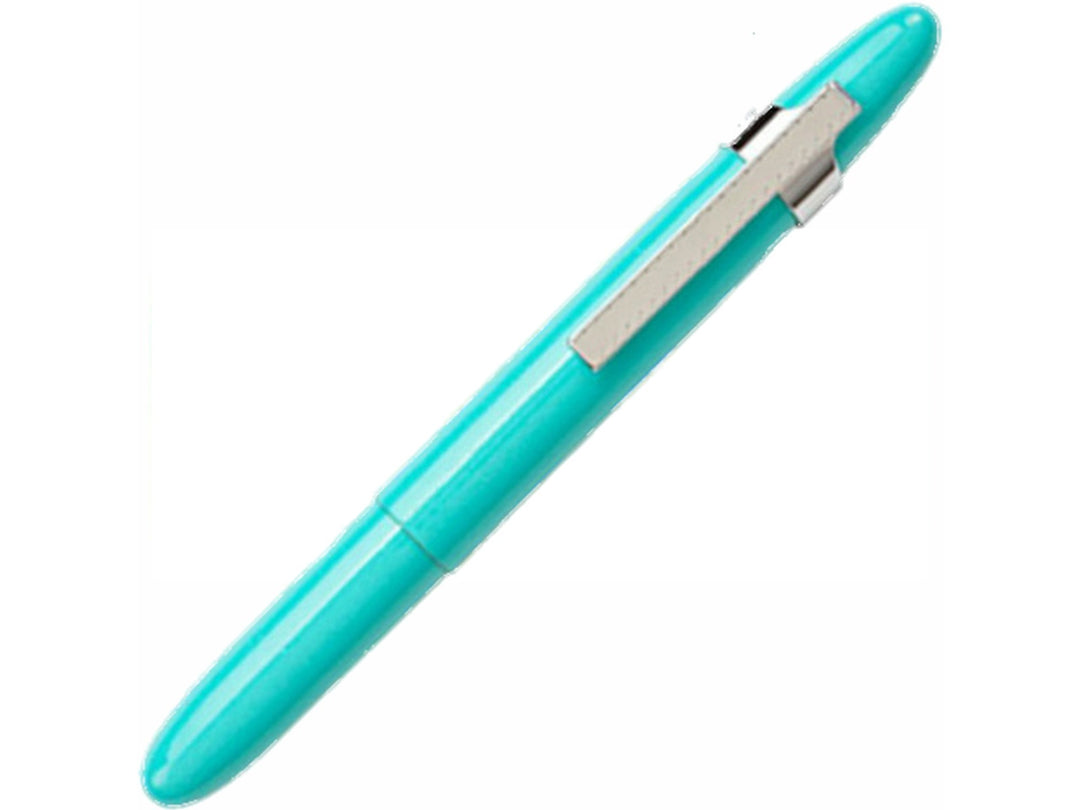 Fisher Space Pen Bullet Tahitian Blue ballpoint pen showing chrome pocket clip and compact closed design