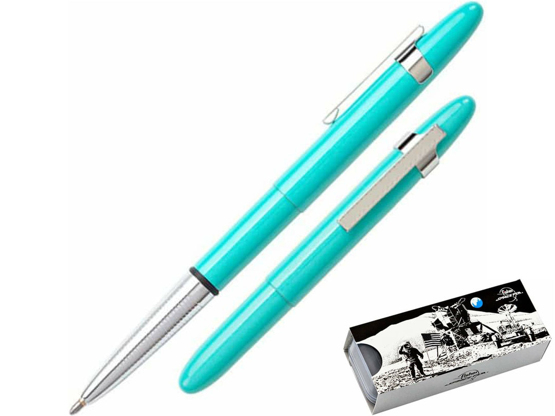 Fisher Space Pen Bullet Tahitian Blue ballpoint pen with chrome clip and Moon landing gift box packaging