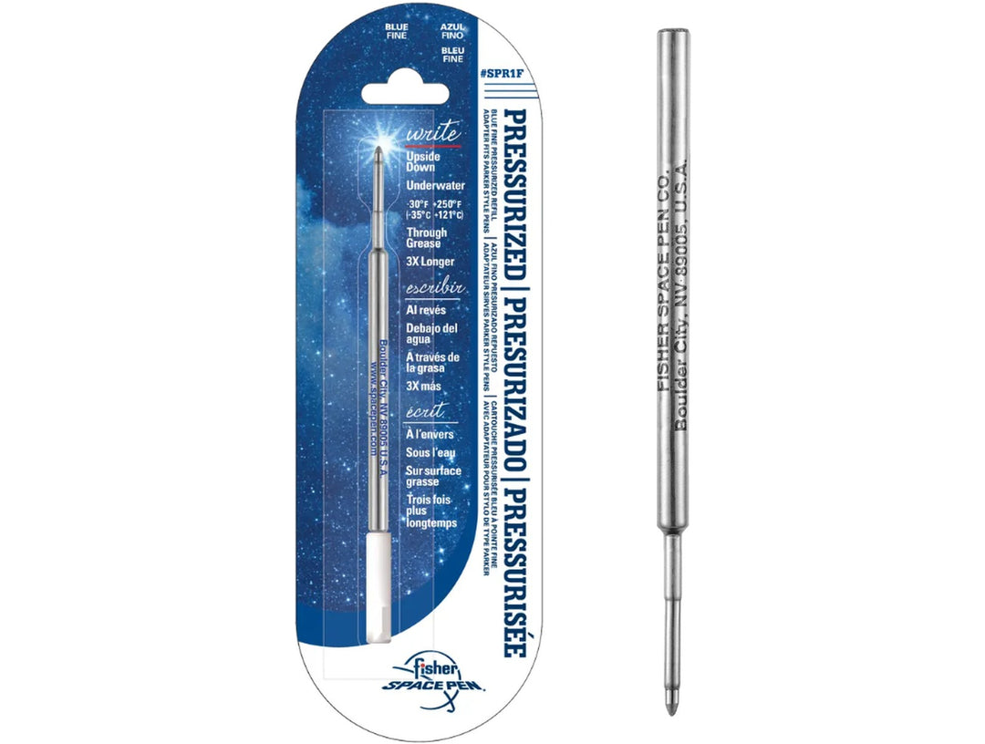 Fisher Space Pen fine point blue refill in retail packaging with pressurised cartridge displayed alongside