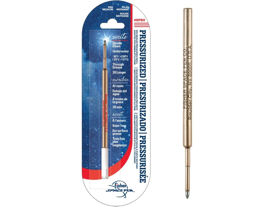 Fisher Space Pen medium point refill in red ink retail packaging with pressurised cartridge displayed alongside