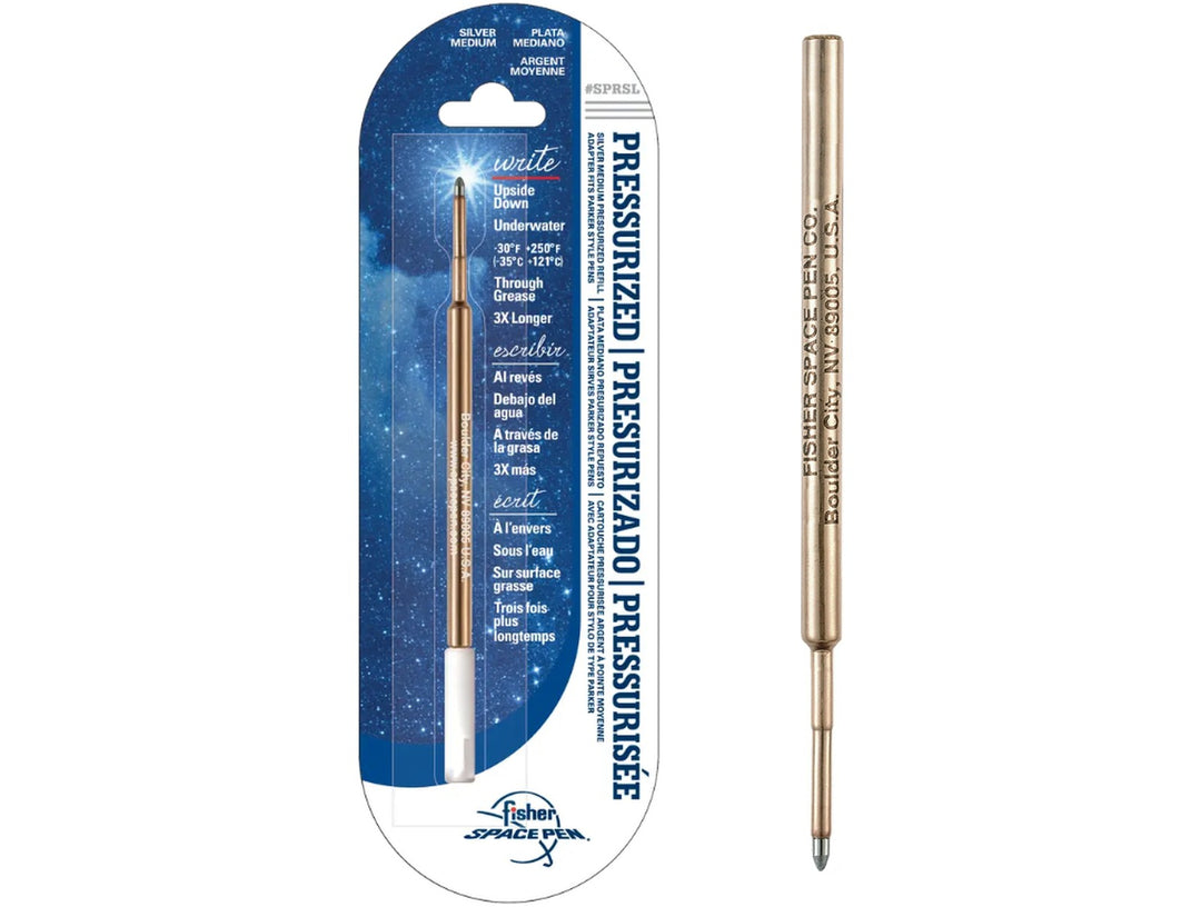Fisher Space Pen medium point refill in silver ink retail packaging with pressurised cartridge displayed alongside