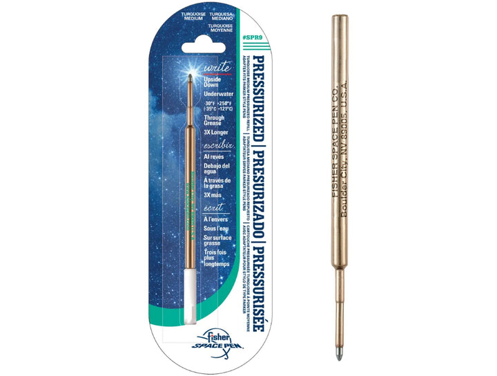 Fisher Space Pen medium point refill in turquoise ink retail packaging with pressurised cartridge displayed alongside