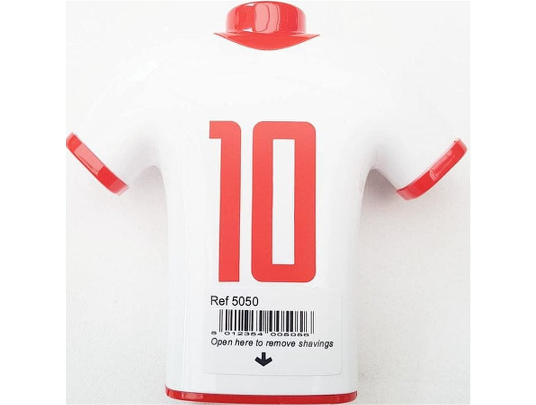 Jakar football shirt shaped pencil sharpener back view with number 10 design and opening for shavings