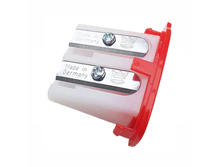 Jakar dual blade pencil sharpener insert showing two metal sharpening blades with red plastic housing