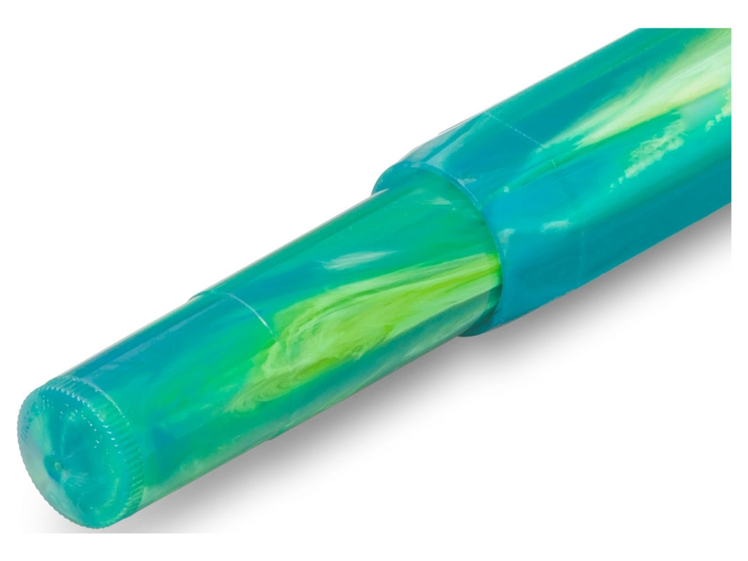 Detailed view of the Kaweco COLLECTION Marble Ocean fountain pen featuring an ocean-inspired blue and green marbled resin body with swirling colour patterns