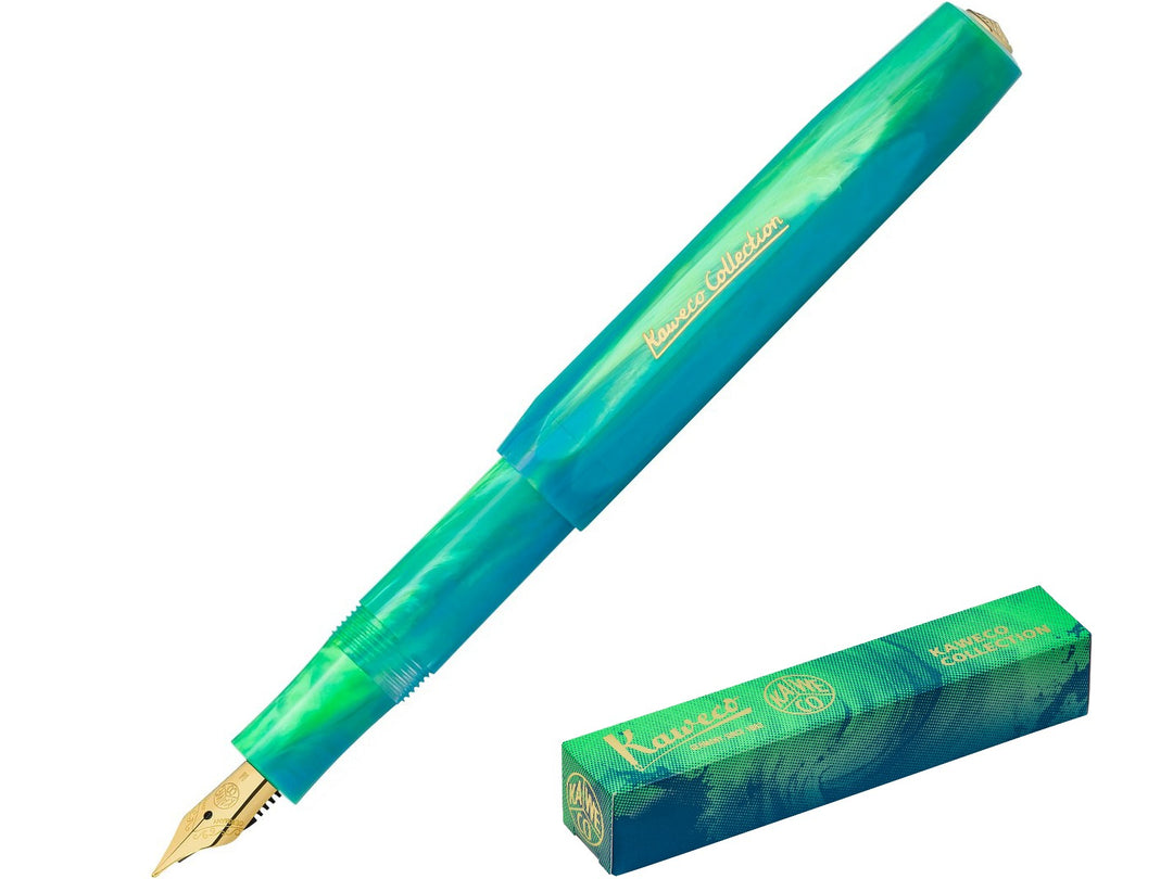 Kaweco COLLECTION Marble Ocean fountain pen with blue and green marbled barrel, gold-plated nib and matching special edition gift box