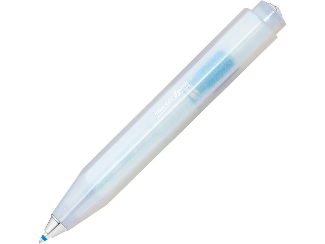Kaweco LUNAR SPORT Ballpoint Pen in Light Blue, featuring a translucent frosted octagonal barrel with shimmering blue accents, compact pocket-sized Sport design and extended blue ballpoint tip