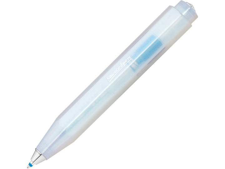 Kaweco LUNAR SPORT Ballpoint Pen in Light Blue, featuring a translucent frosted octagonal barrel with shimmering blue accents, compact pocket-sized Sport design and extended blue ballpoint tip