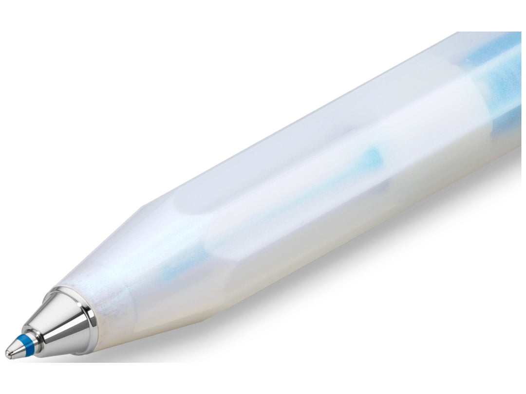 Close-up detail of the Kaweco LUNAR SPORT Ballpoint Pen in Light Blue, showcasing the translucent frosted barrel with subtle shimmering blue accents, iconic octagonal Sport design and chrome ballpoint tip with blue refill