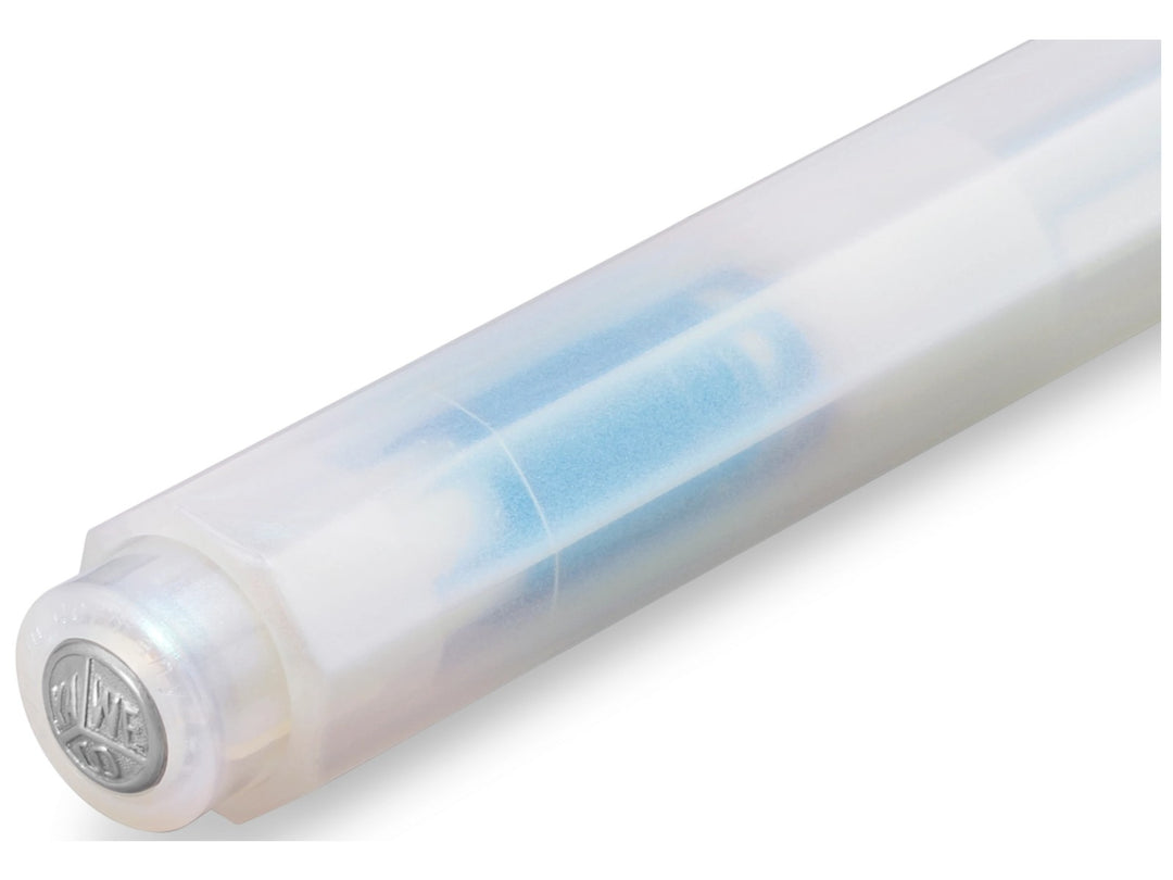 Close-up of the Kaweco LUNAR SPORT Ballpoint Pen in Light Blue, showcasing the translucent frosted barrel with shimmering blue internal components, octagonal Sport design and silver Kaweco coin finial at the push-button end
