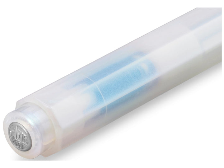 Close-up of the Kaweco LUNAR SPORT Ballpoint Pen in Light Blue, showcasing the translucent frosted barrel with shimmering blue internal components, octagonal Sport design and silver Kaweco coin finial at the push-button end