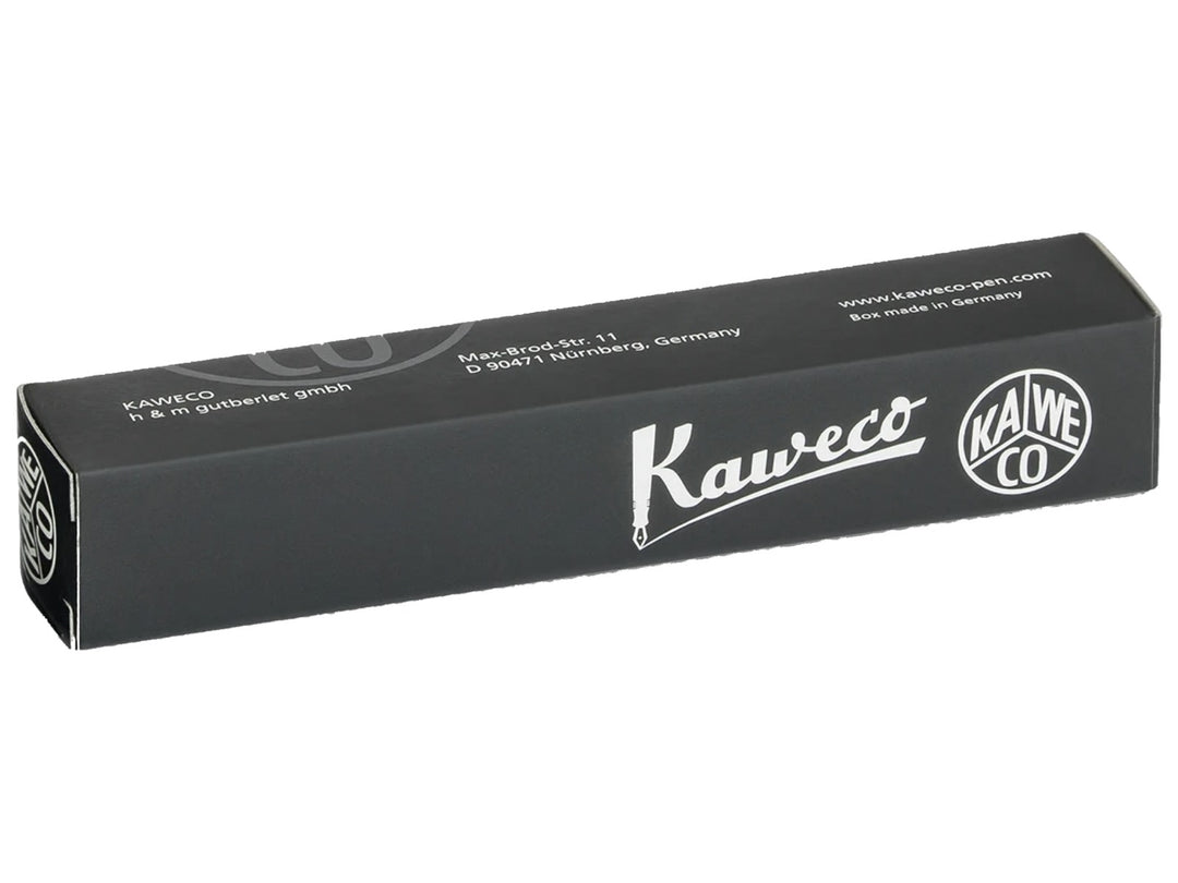 Kaweco presentation box featuring the Kaweco logo and octagonal emblem in white on a black cardboard gift box, designed for protecting and presenting Kaweco writing instruments