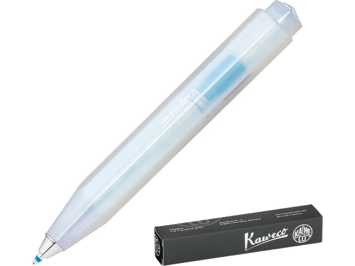 Kaweco LUNAR SPORT Ballpoint Pen in Light Blue, featuring a translucent frosted barrel with shimmering blue accents, iconic octagonal Sport design, extended blue ballpoint refill tip and Kaweco presentation box