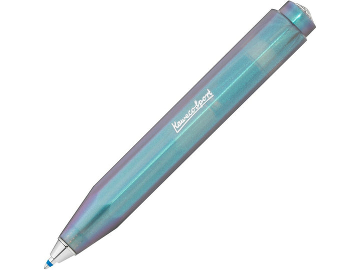 Kaweco LUNAR SPORT Ballpoint Pen in Shadow Blue, featuring a translucent octagonal barrel with shimmering blue and violet accents, iconic pocket-sized Sport design and extended blue ballpoint tip