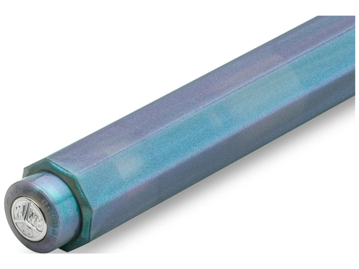 Close-up of the Kaweco LUNAR SPORT Ballpoint Pen in Shadow Blue, showcasing the shimmering blue and violet finish, iconic octagonal Sport barrel and silver Kaweco coin finial integrated into the push-button mechanism