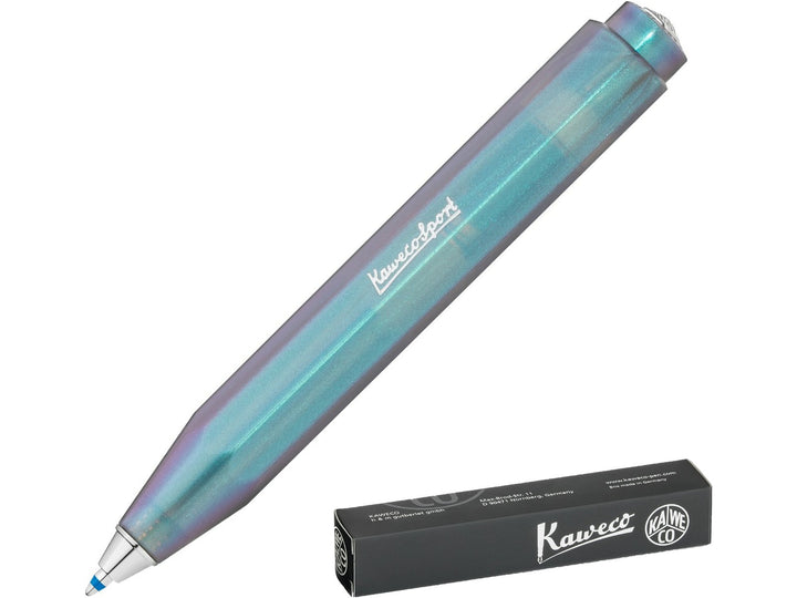 Kaweco LUNAR SPORT Ballpoint Pen in Shadow Blue, featuring a translucent octagonal barrel with shimmering blue and purple accents, compact pocket-sized Sport design, extended blue ballpoint tip and Kaweco presentation box