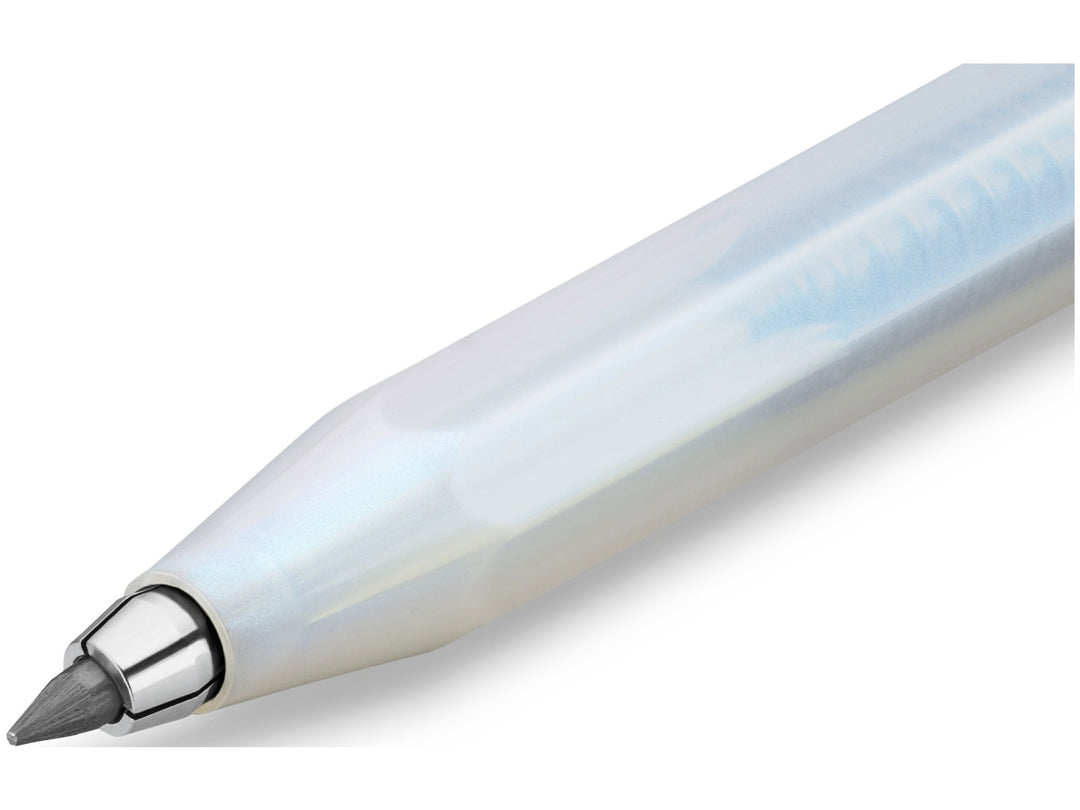Close-up detail of the Kaweco LUNAR SPORT Clutch Pencil in Light Blue, showcasing the translucent light blue barrel, subtle pearlescent finish, faceted octagonal Sport design, chrome clutch mechanism and exposed 3.2mm graphite lead