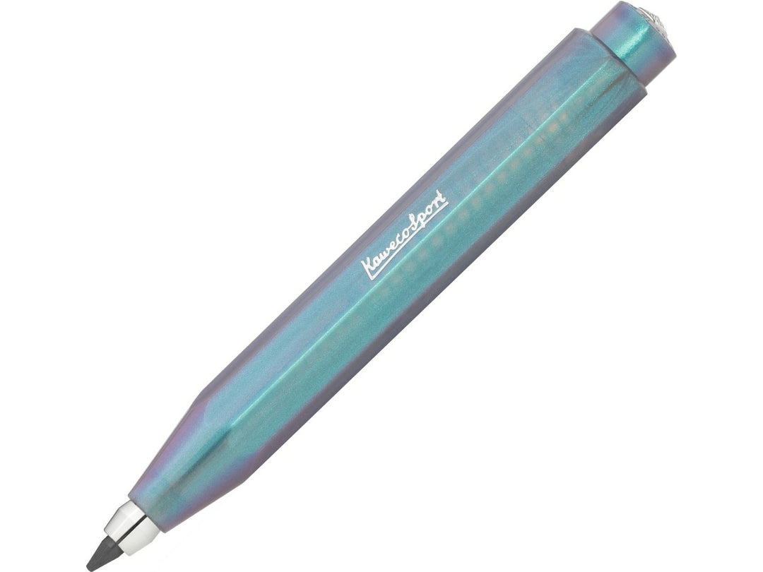Kaweco LUNAR SPORT Clutch Pencil in Shadow Blue, featuring a translucent blue octagonal barrel with shimmering turquoise and violet accents, exposed 3.2mm graphite lead and compact pocket-sized Sport design