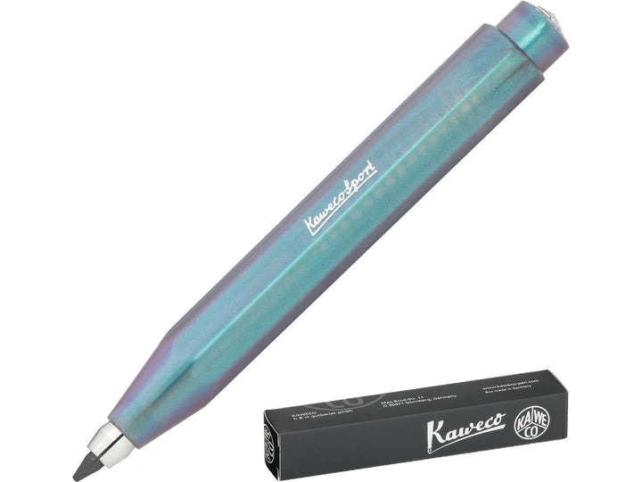 Kaweco LUNAR SPORT Clutch Pencil in Shadow Blue, featuring a translucent blue octagonal barrel with shimmering turquoise and violet accents, exposed 3.2mm graphite lead, compact pocket-sized SPORT design and Kaweco presentation box