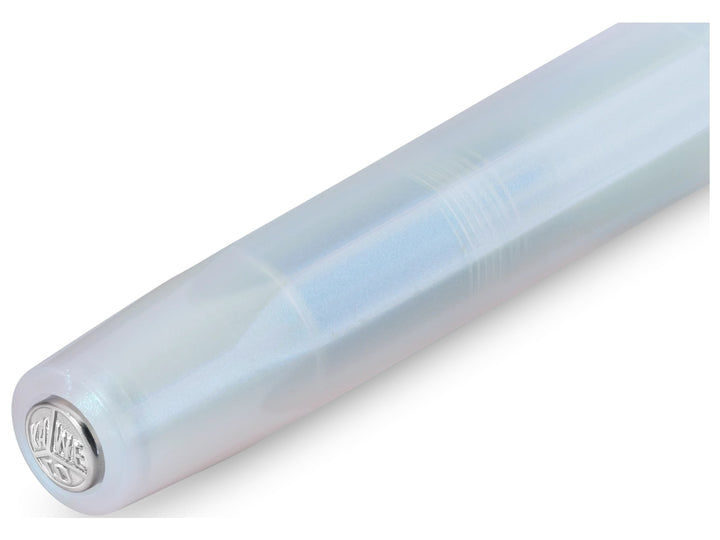 Close-up of the Kaweco LUNAR SPORT Fountain Pen in Light Blue, showcasing the translucent light blue barrel, subtle shimmering finish, internal cap threads and silver Kaweco coin finial integrated into the end of the cap