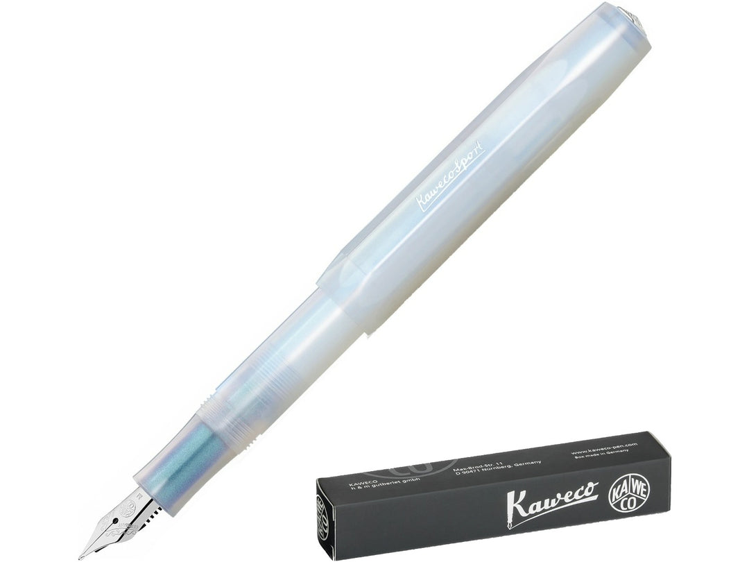 Kaweco LUNAR SPORT Fountain Pen in Light Blue, featuring a translucent light blue barrel and cap, stainless steel fountain pen nib, faceted Sport design and compact pocket-sized format