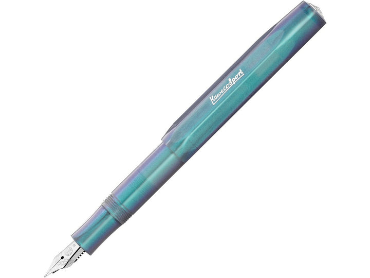 Kaweco LUNAR SPORT Fountain Pen in Shadow Blue, featuring a translucent blue barrel with shimmering turquoise and violet accents, stainless steel fountain pen nib and iconic octagonal Sport design in a compact pocket-sized format