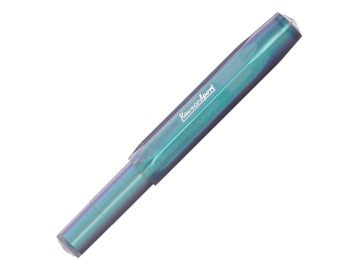 Kaweco LUNAR SPORT Fountain Pen in Shadow Blue, featuring a translucent blue barrel and cap with shimmering turquoise and violet accents, silver Kaweco branding and the iconic octagonal Sport design in a compact pocket-sized format