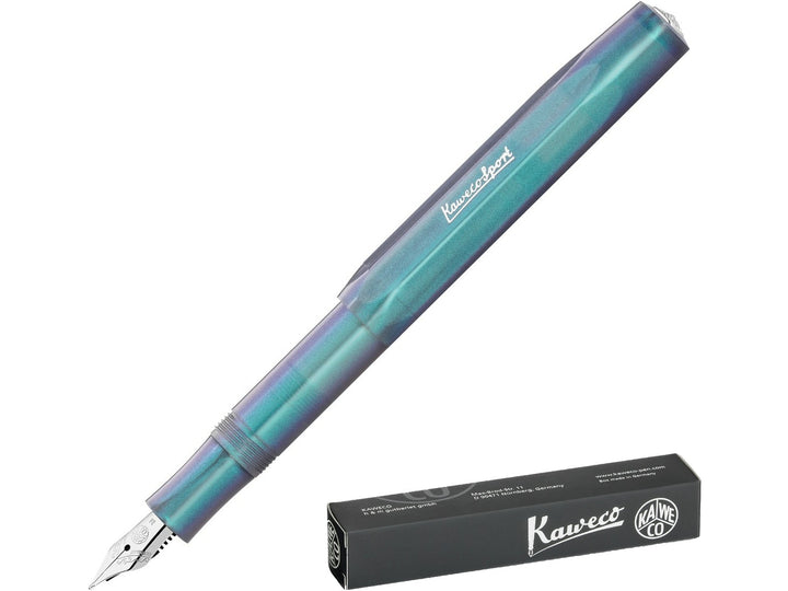 Kaweco LUNAR SPORT Fountain Pen in Shadow Blue, featuring a translucent blue barrel with shimmering turquoise and violet accents, stainless steel fountain pen nib, compact octagonal Sport design and Kaweco presentation box