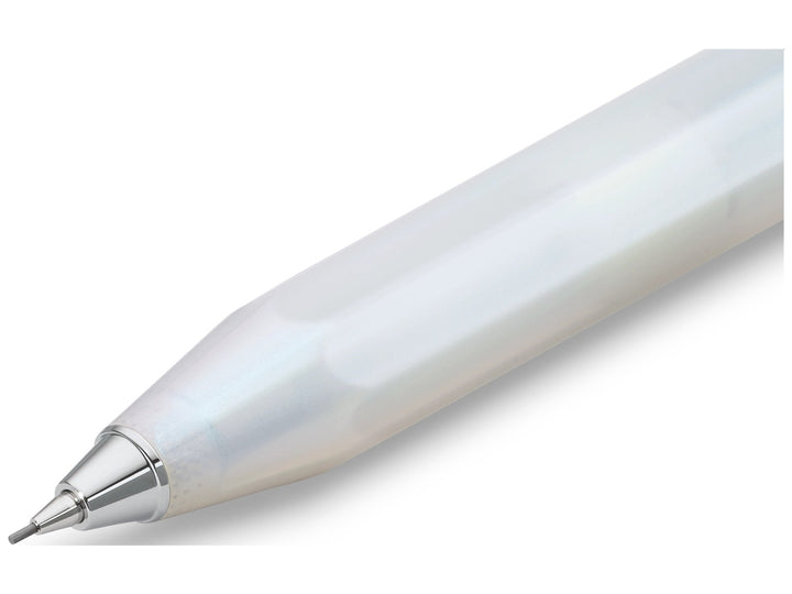 Close-up detail of the Kaweco COLLECTION LUNAR SPORT Mechanical Pencil in Light Blue, showcasing the translucent light blue barrel, faceted octagonal Sport design, chrome nose cone and precision 0.7mm mechanical pencil tip