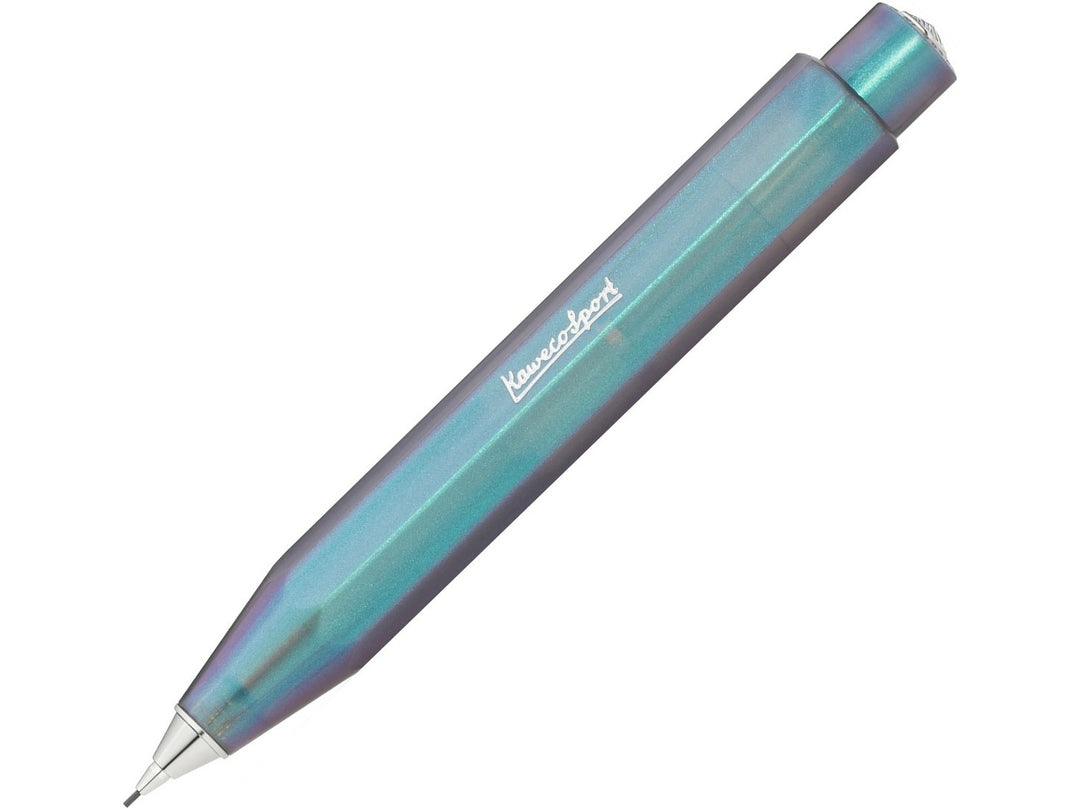 Kaweco LUNAR SPORT Mechanical Pencil in Shadow Blue, featuring a translucent blue barrel with shimmering turquoise and violet accents, iconic octagonal Sport design and precision 0.7mm lead mechanism in a compact pocket-sized format
