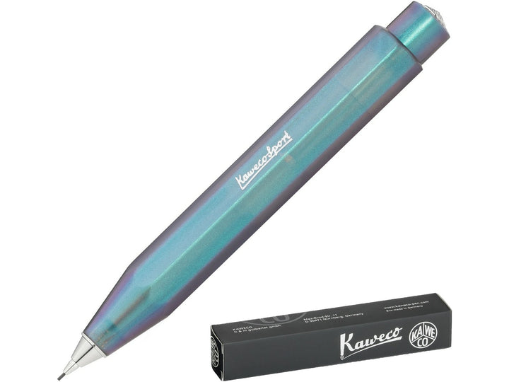 Kaweco LUNAR SPORT Mechanical Pencil in Shadow Blue, featuring a translucent blue barrel with shimmering turquoise and violet accents, iconic octagonal Sport design, precision 0.7mm lead mechanism and Kaweco presentation box