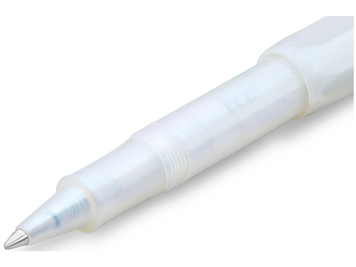Close-up detail of the Kaweco LUNAR SPORT Rollerball Pen in Light Blue, showcasing the translucent light blue grip section, visible internal refill components, threaded barrel connection and chrome rollerball tip with smooth-writing Kaweco G2 refill