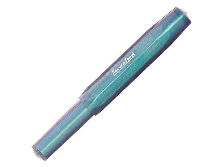 Close-up of the Kaweco LUNAR SPORT Rollerball Pen in Shadow Blue, showcasing the translucent blue octagonal barrel and cap with shimmering turquoise and violet accents, silver Kaweco Sport branding and compact pocket-sized design