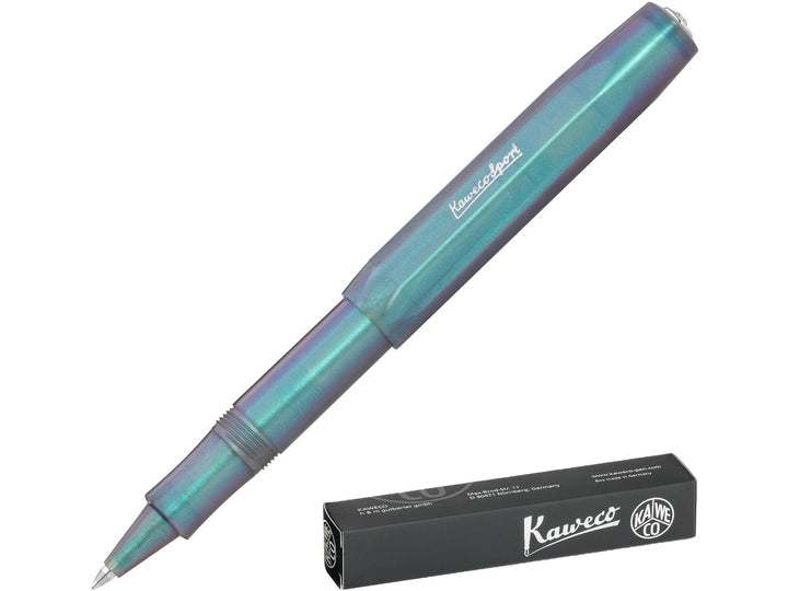 Kaweco LUNAR SPORT Rollerball Pen in Shadow Blue, featuring a translucent blue barrel and cap with shimmering turquoise and violet accents, black Kaweco G2 rollerball refill, compact pocket-sized Sport design and Kaweco presentation box