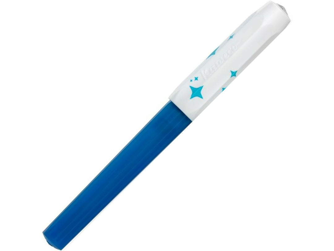 Kaweco PERKEO Glow rollerball pen shown capped, featuring a translucent white cap with blue star details and a bright blue barrel
