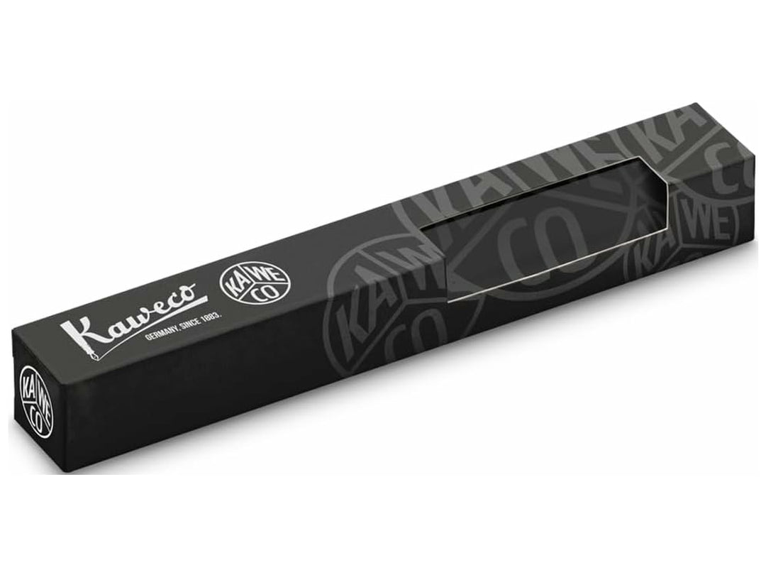 Black Kaweco gift box with silver branding and display window, designed for presenting a Kaweco PERKEO rollerball pen