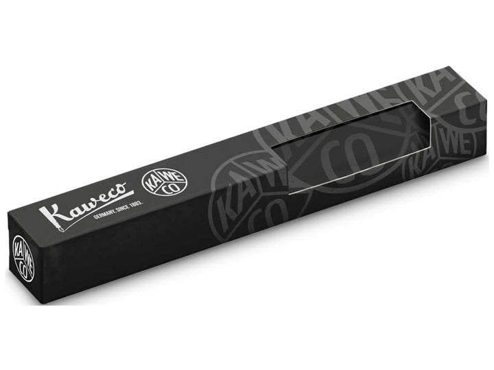 Black Kaweco gift box with silver branding and display window, designed for presenting a Kaweco PERKEO rollerball pen