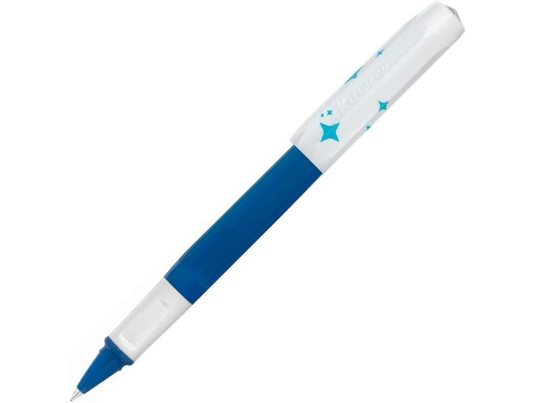 Kaweco PERKEO Glow rollerball pen shown uncapped, featuring a translucent white barrel with blue star details, blue grip section and 0.7mm rollerball tip