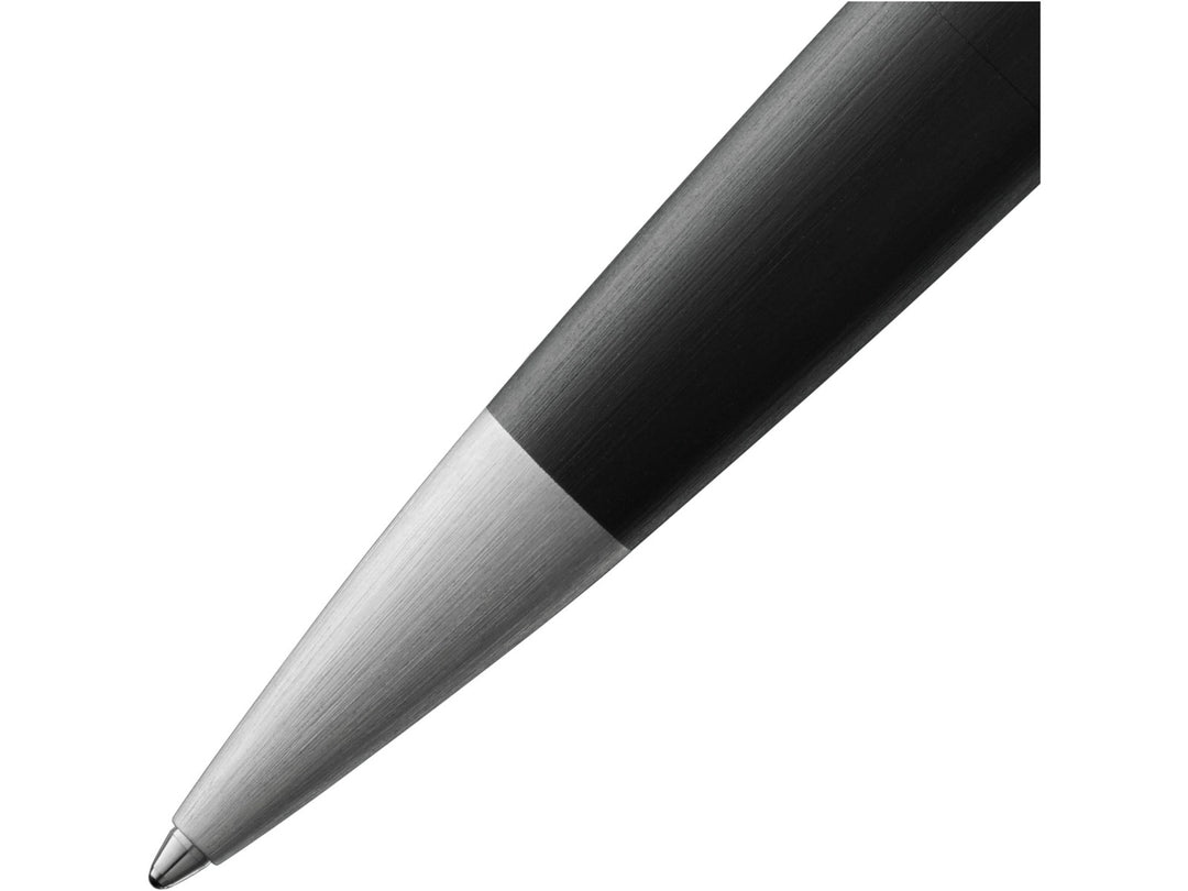 Close-up of the LAMY 2000 ballpoint pen in black, showing the brushed stainless steel nose cone, precision ballpoint tip and Makrolon® body