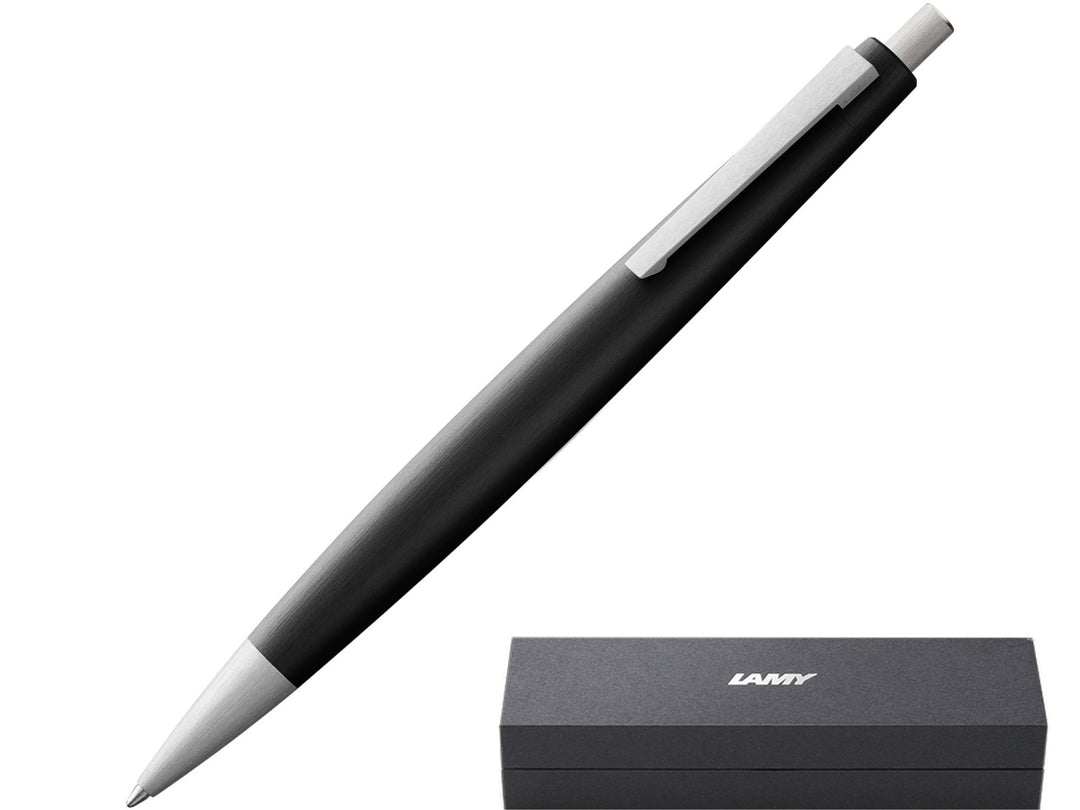 LAMY 2000 ballpoint pen in black displayed with LAMY presentation box, featuring a Makrolon® body, stainless steel accents and spring-loaded clip