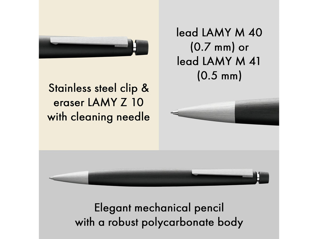 LAMY 2000 mechanical pencil feature graphic showing stainless steel clip, integrated Z10 eraser, compatible M40 and M41 leads, and Makrolon body construction