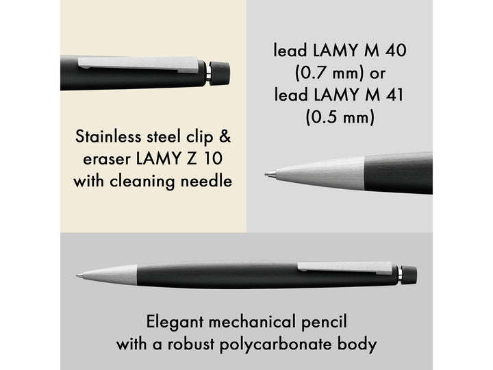 LAMY 2000 mechanical pencil feature graphic showing stainless steel clip, integrated Z10 eraser, compatible M40 and M41 leads, and Makrolon body construction