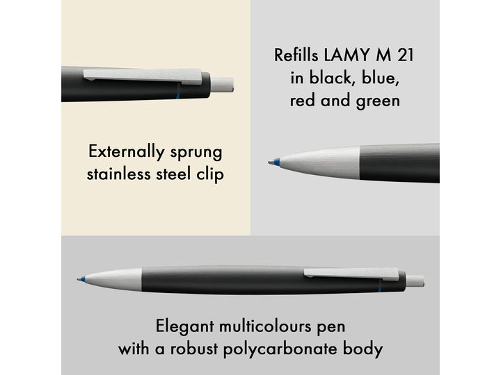 LAMY 2000 Multisystem Pen feature graphic showing stainless steel clip, LAMY M21 refill compatibility and robust Makrolon body