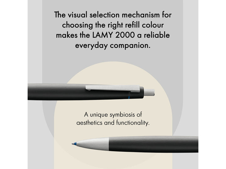 LAMY 2000 Multisystem Pen feature graphic showing gravity-operated colour selection mechanism and four-colour writing system