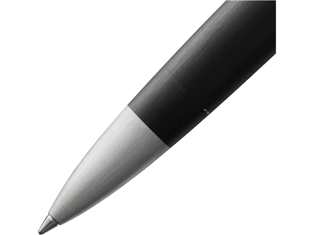 LAMY 2000 rollerball pen tip detail showing brushed stainless steel grip section and precision rollerball writing tip